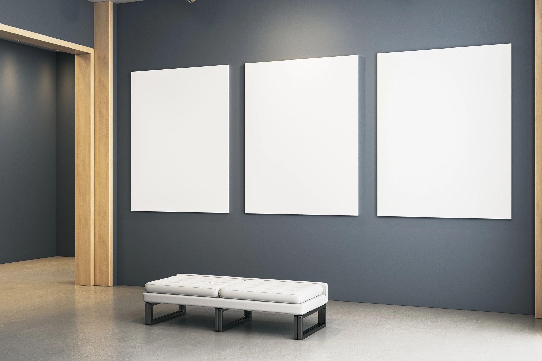 Minimalist gallery interior with blank canvases for limited edition artwork.