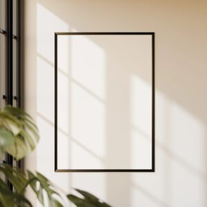 Vertical framed art print mockup featuring a colorful geometric illustration (Rapsody Design Arts).